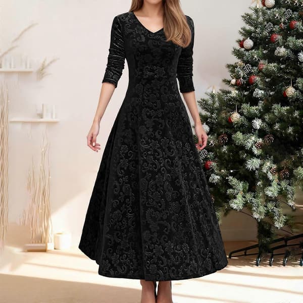 【2F】Julklänningar för kvinnor Elegant sammet Casual Långärmad V-ringad festklänning Höst Vinter Klänningar Svart M Black