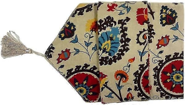 Boho Blommig Bordslöpare med Toffsar - Elegant Matsals- och Festdekor