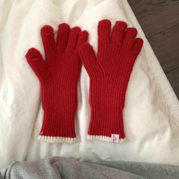 Enfärgad stickad handske Vinter vindtät halvfinger pekskärmshandskar Beige