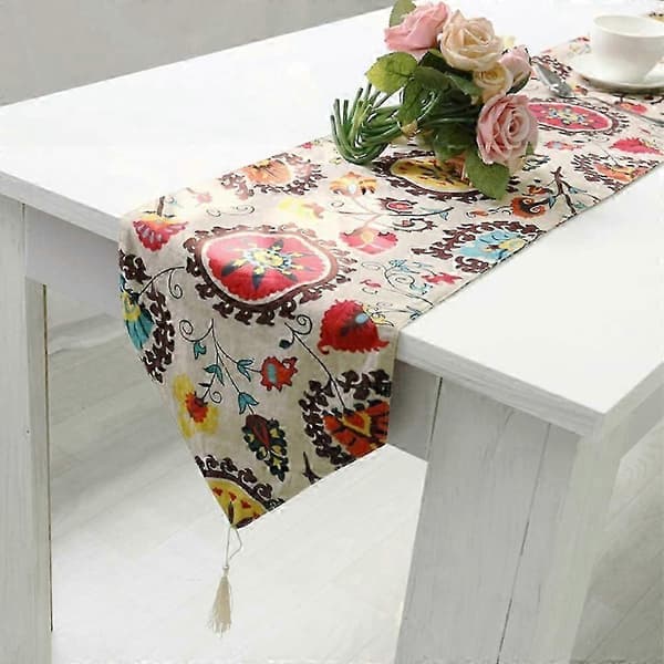 Boho Blommig Bordslöpare med Toffsar - Elegant Matsals- och Festdekor
