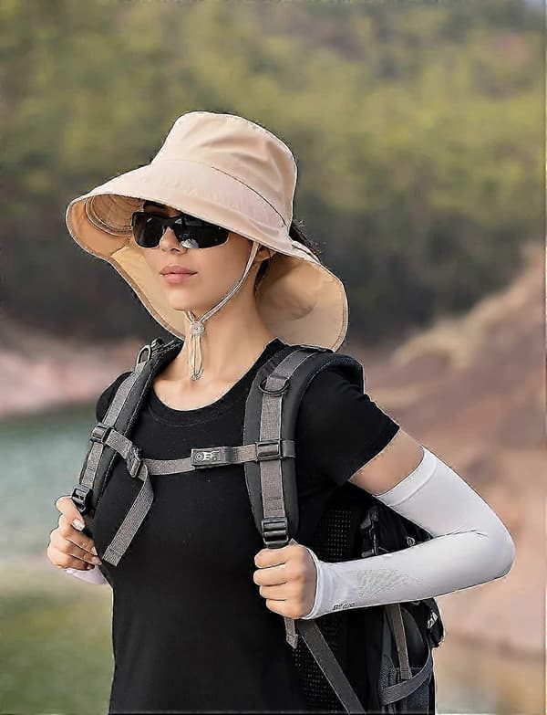 Solhattar för kvinnor UV-skydd Vikbar bred brätte Hästsvanshål Sommar Herr Strandhattar med nackskydd Beige
