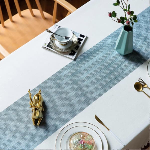 Bordduk i bomull og lin, rektangulær, vaskbar, 55'x70' (beige, blå stripe)