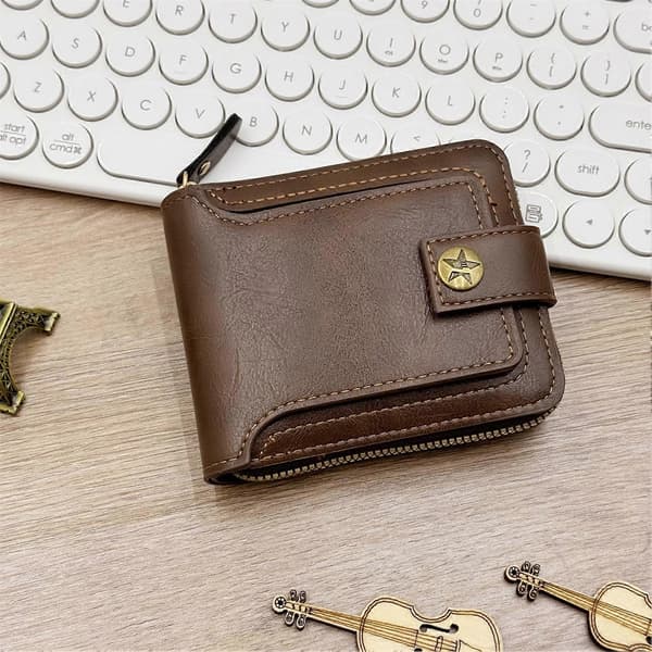 【2F】Herre Pung Kunstlæder Lynlås Tofoldet Kortholder Stor Kapacitet Light Brown