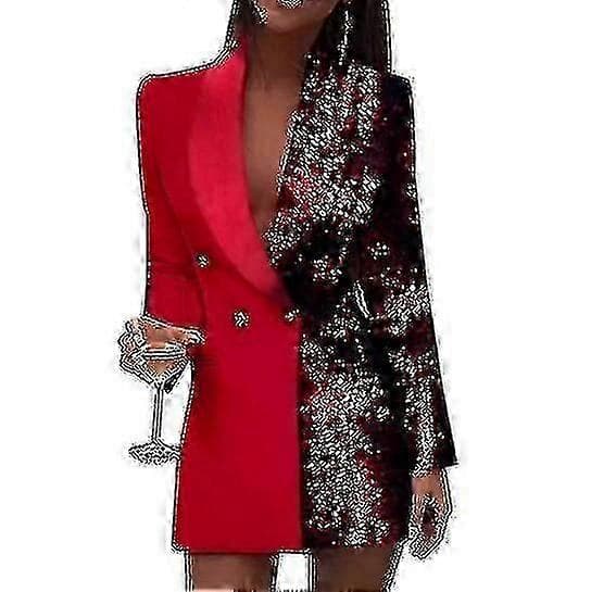 【2F】Dame Mode Farveblok Paillet Ærme Dobbeltradet Bodycon Blazer red S