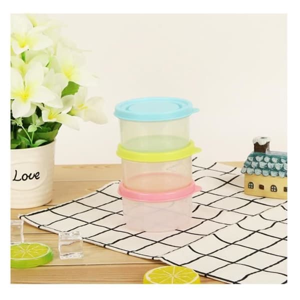 Set med 9 små förvaringsbehållare med plastlock - Gul, Blå, Rosa - 160 ml - Stapelbara