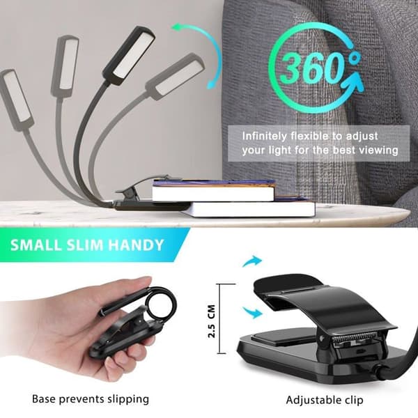 Oppladbar LED-leselampe, 6 LED-er, 360° fleksibel klips, 3 lysmoduser for bøker