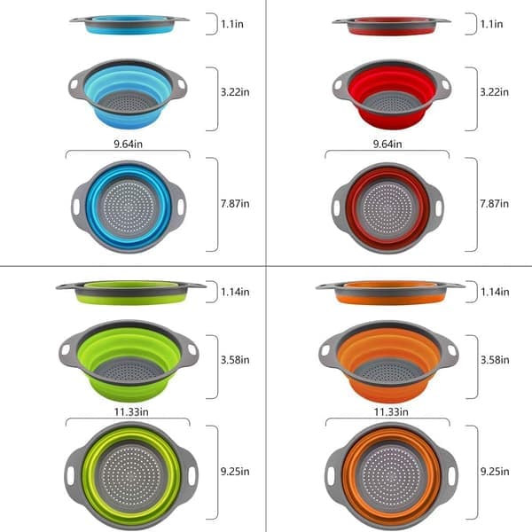 Sammenleggbart dørslag- og silsett, solid plastbase av matkvalitet - Rund plassbesparende sammenleggbar silikon-sil for pasta, grønnsaker