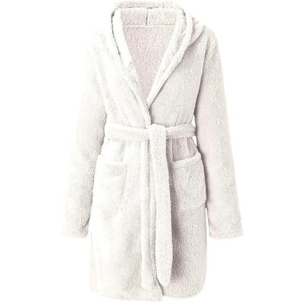 2023 Vinterfleecebadekåpe for kvinner, ensfarget, kort, sidelommer, lett og myk flanellfleece, plus size, hvit