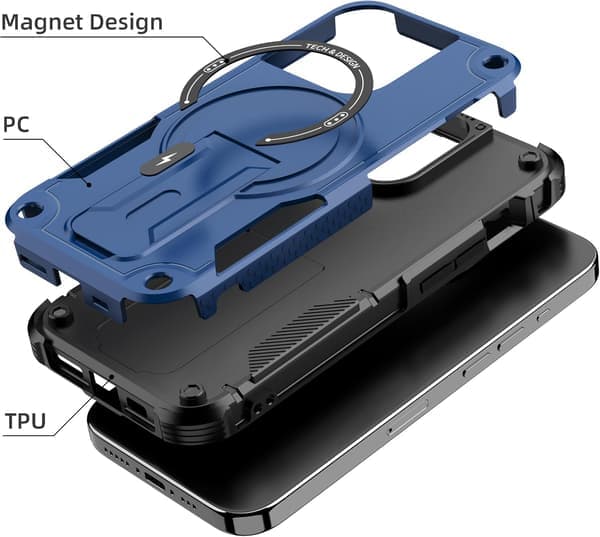 Magnetisk iPhone-deksel med stativ, MagSafe-kompatibel, robust innebygd stativ, støtsikker militærgradert fallbeskyttelse for iPhone Blå iPhone 12 Blue iPhone 12