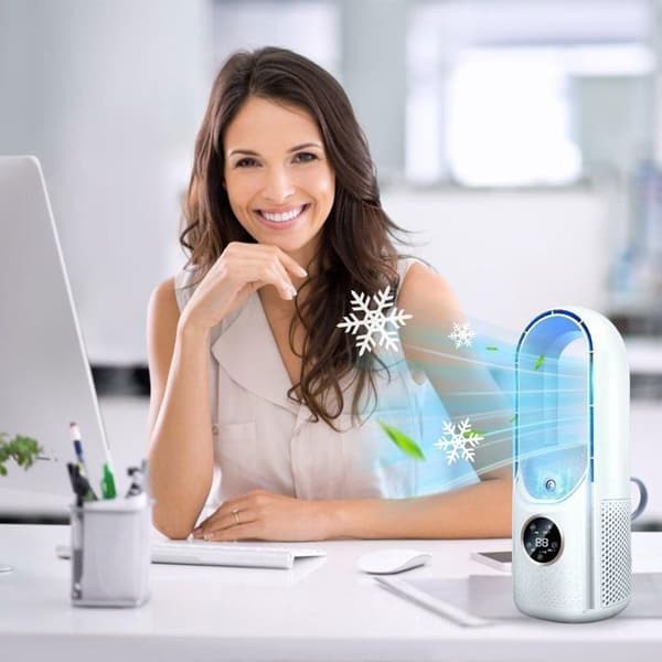 Bladeless ventilator, 6 hastigheder, sleep timer, vidvinkelkøling og befugtning, til hjemmebrug