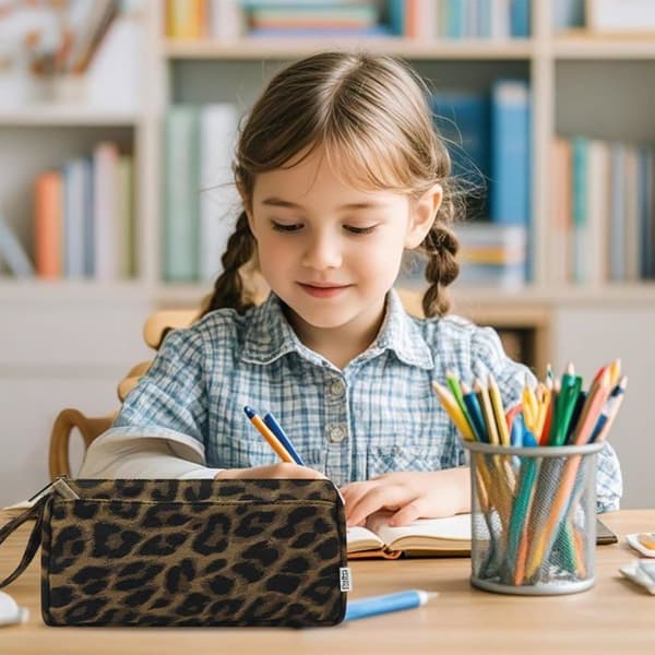1 Penalhus i fløjl med leopardprint til skole og kontor