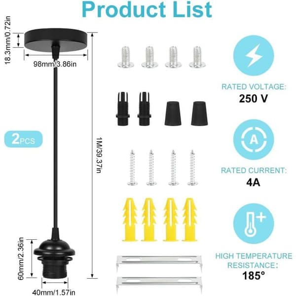 2-delt lampeholder sæt, E27 fatning, 90 cm justerbart kabel, pendellampe, lampeskærm, køkken/spisestue