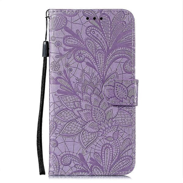 Blomsterpræget Læder Telefoncover Til iPhone 15 Plus Lilla Purple