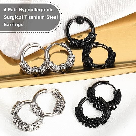 Par 14 mm Herreøreringe Ring Rustfrit Stål Huggie Hængslet Ørering Gotiske Creoler til Mænd Kvinder, Sort, Sølv