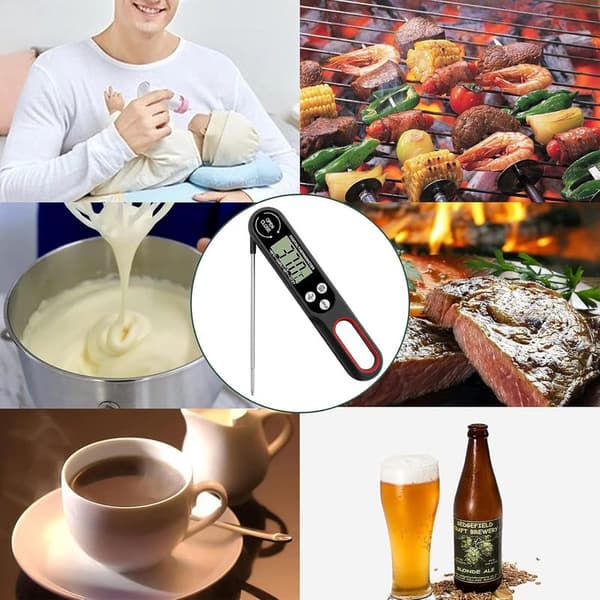 Sammenklappeligt kødtermometer – Digital køkkenprobe med LCD-skærm til grill og madlavning – Sort