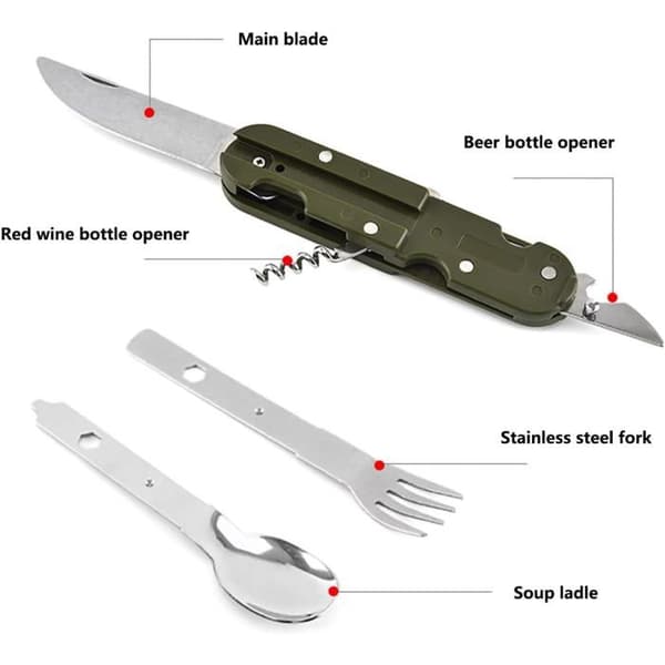 5-i-1 foldbart campingbestik i rustfrit stål, multifunktionelt picnicbestik