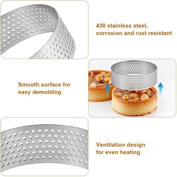 8 stk. Ø 6 cm små mikroperforerte konditorringer i rustfritt stål, høyde 2 cm, perforerte terteringer, tertelettringer