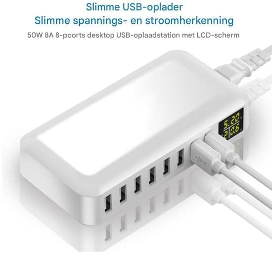 USB-oplader – 8-ports 40W 8A Smart USB-hub med LCD-skærm og 1,2 m strømkabel