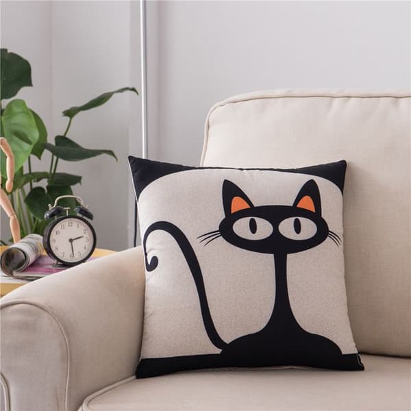 Kuddfodral - svart kattmönster - linne - 45 x 45 cm