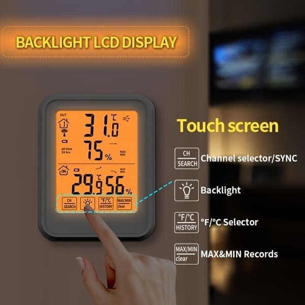 Digitalt termometer hygrometer, innendørs og utendørs termometer hygrometer, med trådløs utendørssensor, LCD-bakgrunnsbelysning ℃/℉