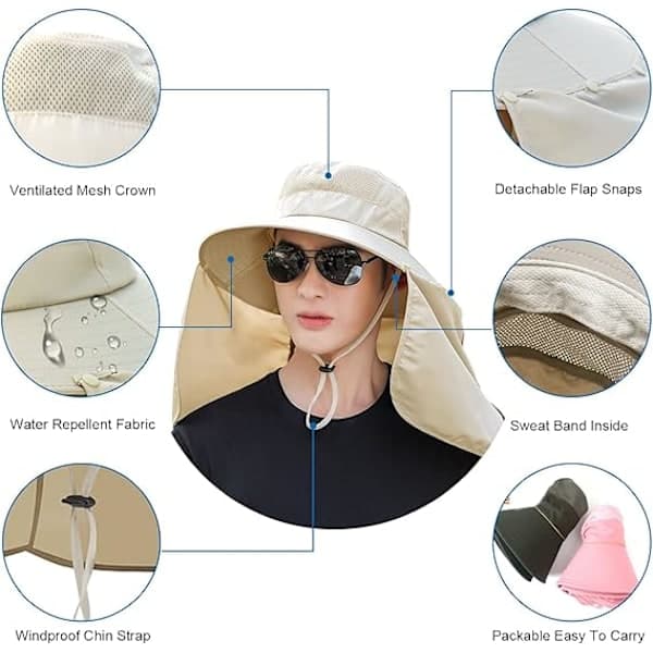 Solhat med nakke beskyttelse, Foldbar solhat, Fiskehat Solhat - UV beskyttelse, Vandrehat Lysegrå Light gray