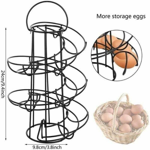 Spiralformet eggholder, eggstativ i metall, eggdispenser, egghylle