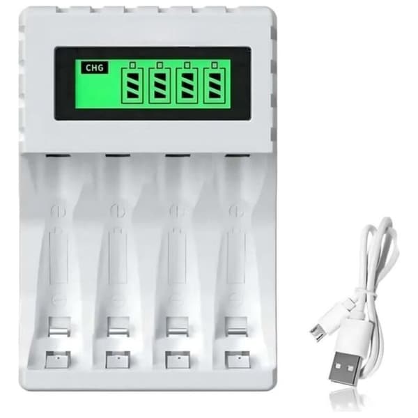 LCD005 Smartlader for AA/AAA-batterier - 4 spor - LCD-skjerm - USB-C/Micro-USB - Hurtiglading
