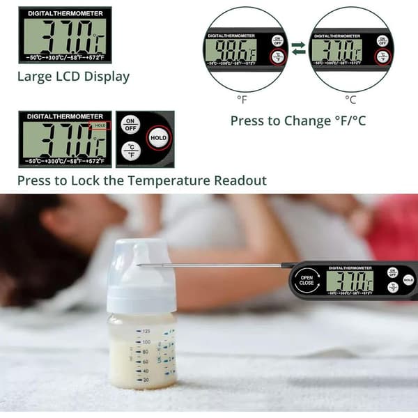Vikbar kötttermometer – Digital kökssond med LCD-skärm för grillning och matlagning – Svart