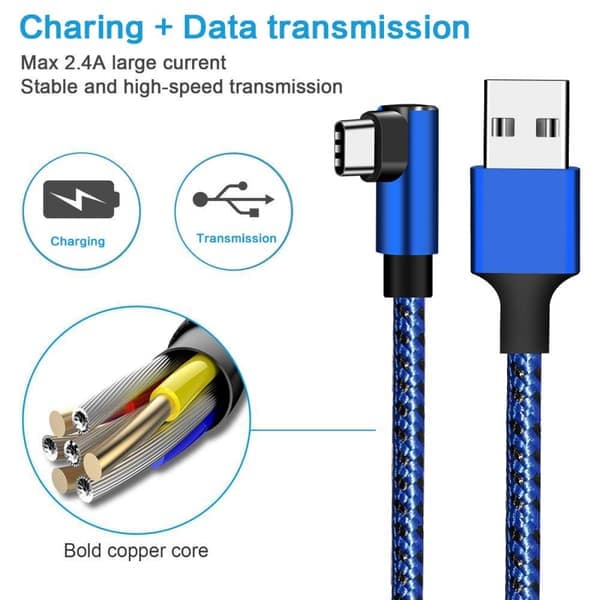 Galaxy S10 Laddare USB Typ-C Kabel 90 Grader Slitstark Nylon