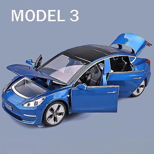 Tesla Trykstøbt Modelbil – 1:32 legering med lyd og lys til børnefødselsdagsgave – Vælg model og farve Model 3 Blue