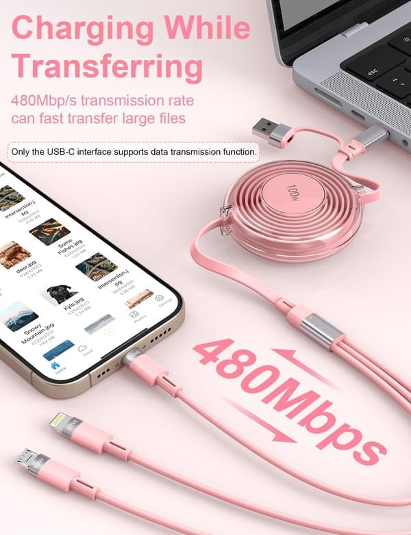 3-i-1 Multi-ladekabel, innebygd iPhone-lader, 100W hurtiglading USB-C/A til Lightning/USB-C/Micro USB telefonladekabel rosa Pink