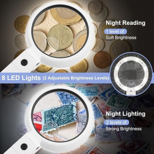 5X/11X belyst förstoringsglas med vikbart stativ – 75 mm linsdiameter – 8 justerbara LED-lampor – USB- eller 3 AAA-batteridriven