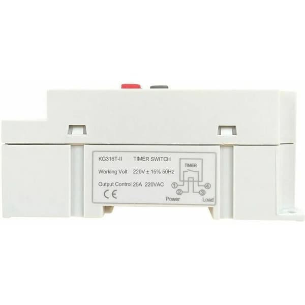 Programmerbar digital timer 220V AC, 25A med elektronisk styring på DIN-skinne og LCD-displayur, hvid.