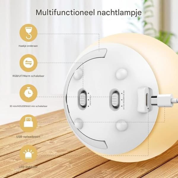 Børnenatlampe - USB Genopladelig - Justerbart Varmt Lys - Berøringskontrol - Timer