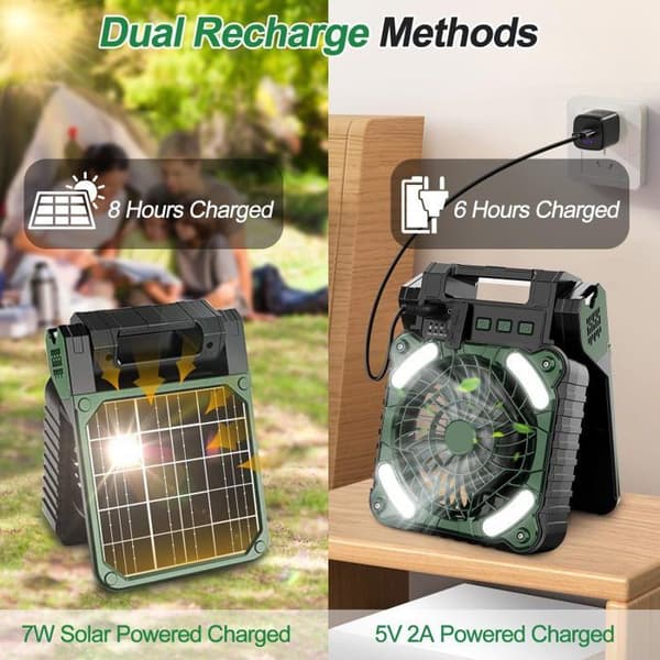 Solarventilator, Genopladelig Campingventilator 10400 mAh, Bærbar Teltventilator med LED-lys, Timer, 4 Hastigheder