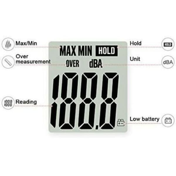 Lydniveaumåler 30-130dBA, professionel decibelmåler med baggrundsbelyst display (9V batteri inkluderet)