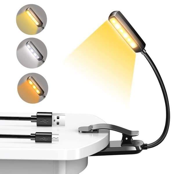 Oppladbar LED-leselampe, 6 LED-er, 360° fleksibel klips, 3 lysmoduser for bøker
