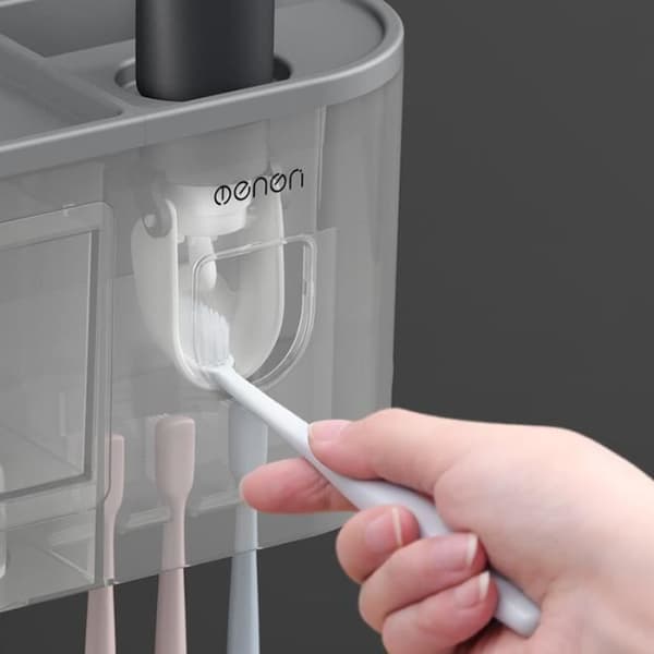 Automatisk tandkrämsdispenser - Väggmonterad - 4 platser - 2 koppar - Vit