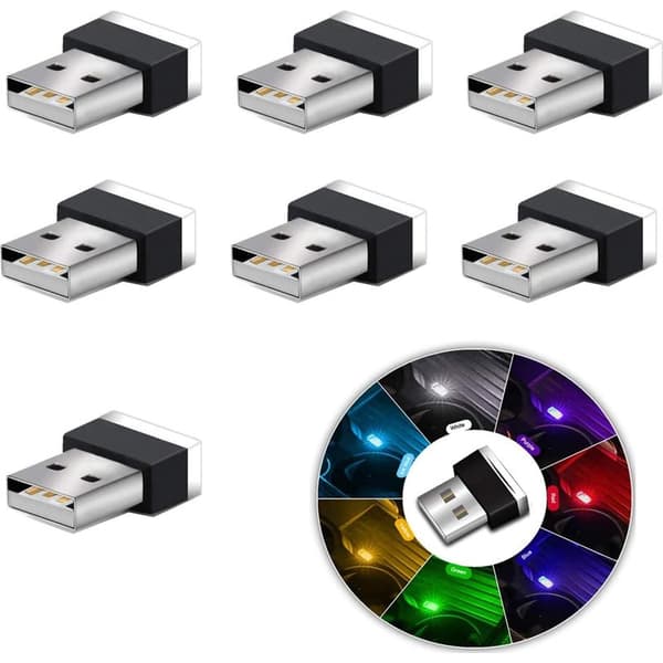 USB LED bilinteriør omgivelseslys, 7-delt universelt plug-in mini USB-lys til bilens bagagerum.