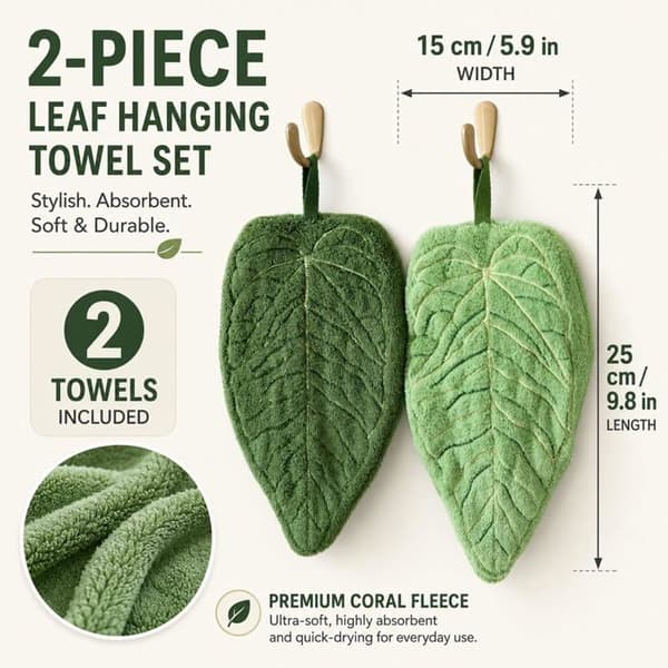 Sæt med 2 hurtigtørrende bløde fleece-håndklæder til ophængning til køkken, badeværelse og hjem – 24,9 x 15 cm