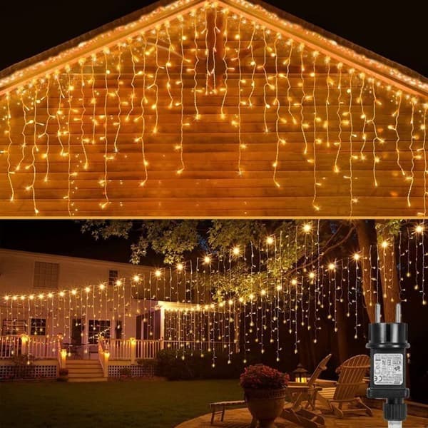 15m LED Isregn Lyslenke, 8 Moduser, Gardinlys med Minne- og Timerfunksjon for Utendørs Fest Juledekorasjon