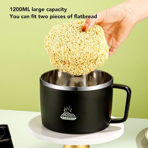 Mikrobølgeovn Ramen Skål, Rustfrit Stål 304, 1200ml, Sort + Spisepinde/Ske + Låg - Kontor