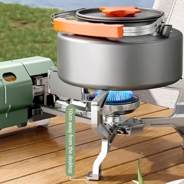 Bärbart hopfällbart campinggaskök med piezotändning och vindskydd i aluminium, gaspatroner ingår ej för utomhuscamping