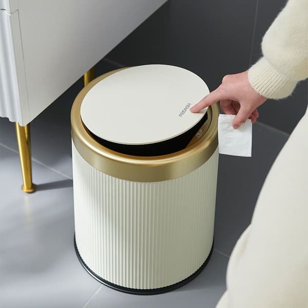 Elegant 12L Cirkulär Papperskorg med Tryckknapp - Lock Ingår för Hem/Badrum/Vardagsrum/Sovrum, Modern Krämvit