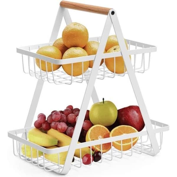Fruktkorg, 2-vånings grönsakskorg, fruktskål, kökshylla, avtagbar fruktkorg, vit
