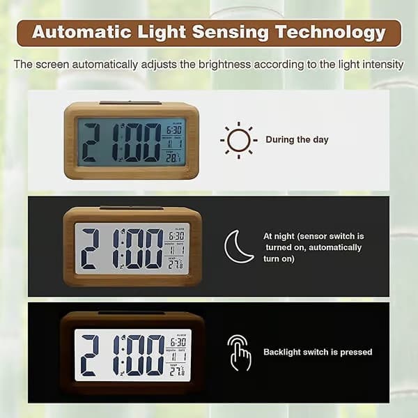 Digital väckarklocka i trä, stor LED-display, 12/24 timmar