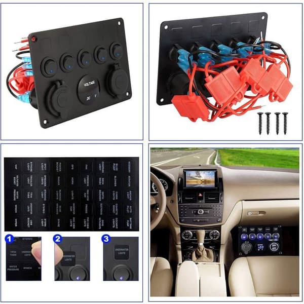 5-veis vippebryterpanel, vippebryterpanel, elektrisk panel for båt/bil, vanntett, 12V/24V
