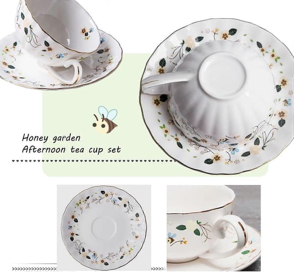 Blomsterbi Tekoppar och fat, Kaffe Benporslinsmugg 1 Set (1 Kopp och 1 tallrik)