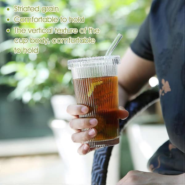 2 st 375ML Ribbade Klara Glasmuggar, Kall Kaffekopp med Lock och Sugrör Dricksglas Set
