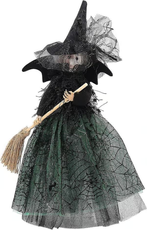 Halloween-häxa som julgransprydnad, docka för höstskörd och spökhus (grön)